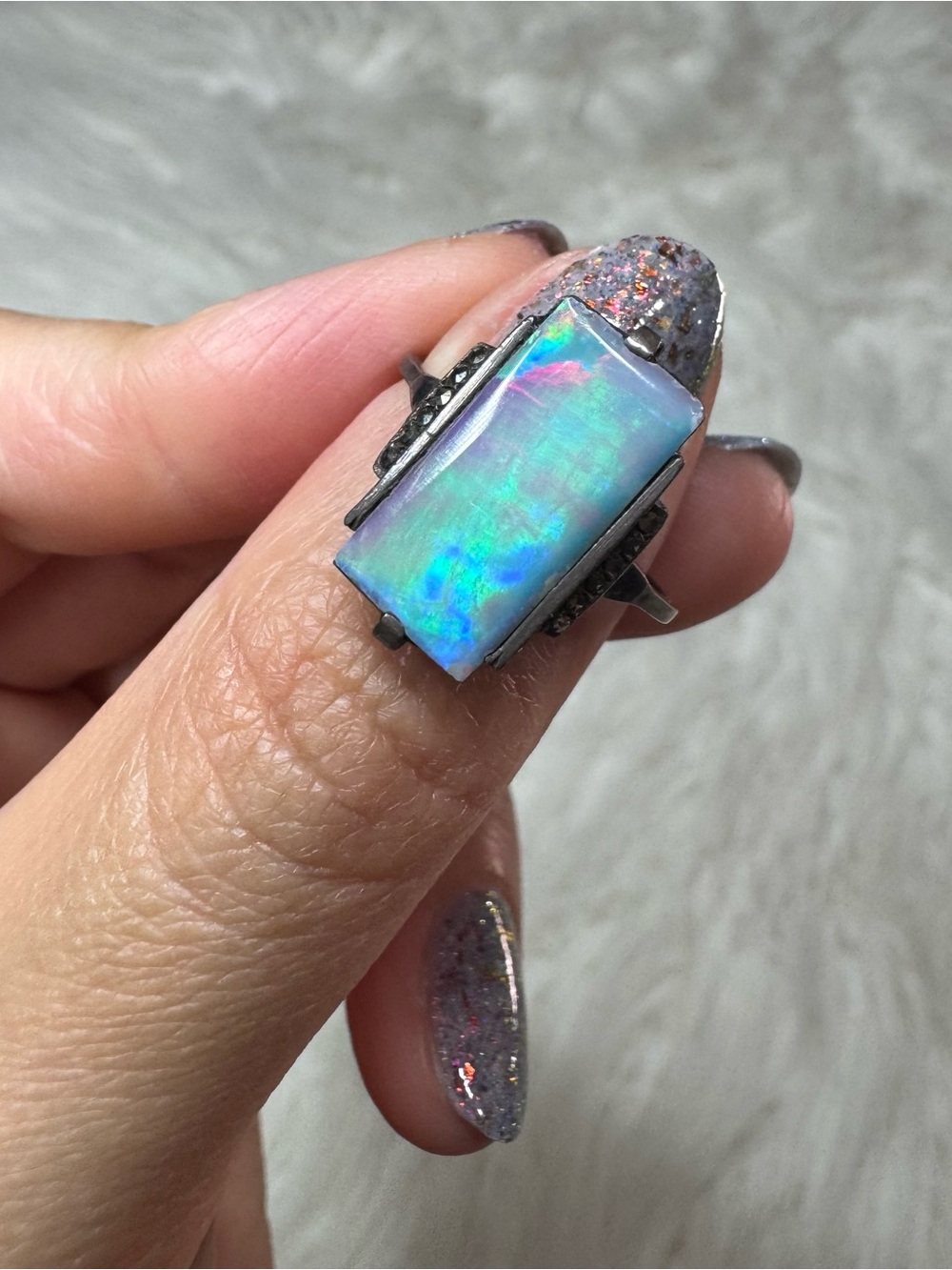 Sterling Silver Opal Rectangular Ring - Iridescent Blue-Green